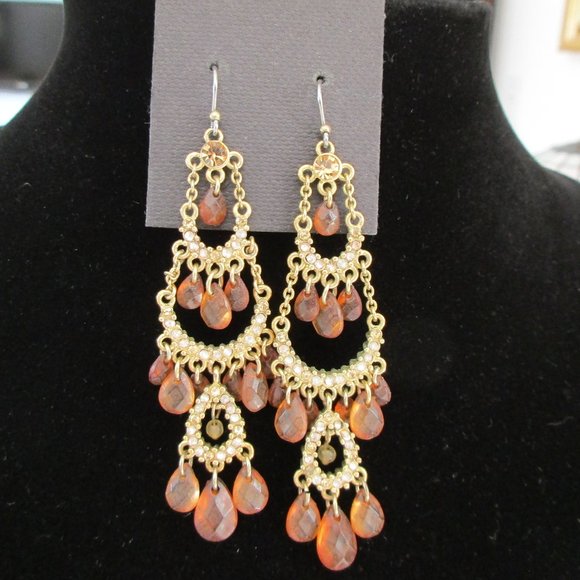 Liz Claiborne Chandelier Earrings faceted stones w/ rhinestones 3" Inches Long - Picture 1 of 4